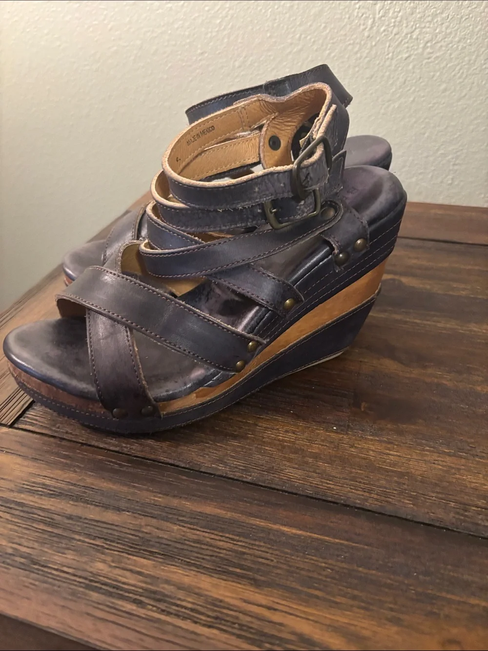 BED|STU Dark Navy Leather Strappy Wedge Sandals